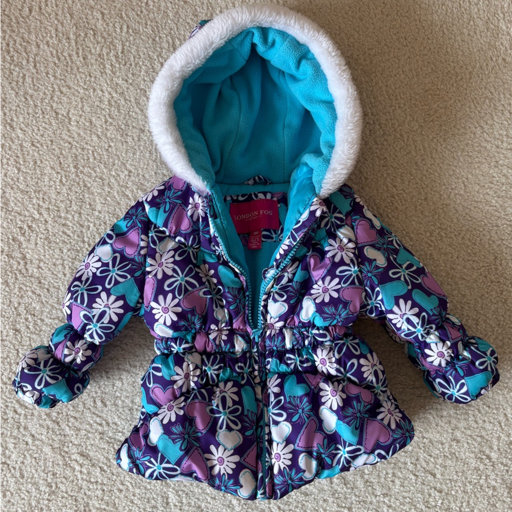 London Fog Girls Purple Floral Puffer Jacket with Turquoise Lining